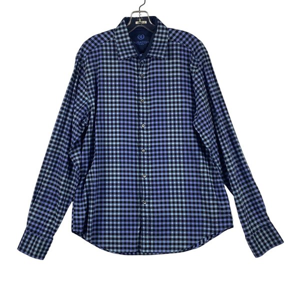 Bugatchi Shirt L Shaped Fit‎ Flip Cuff Long Sleeve Blue Black Check Button Down - Picture 1 of 13